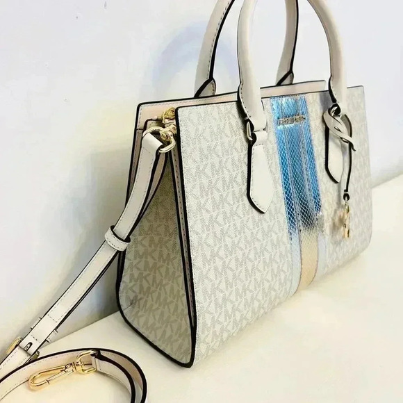 Michael Kors Purse & Wallet Sheila Medium Signature & Metallic Satchel Pale Gold - Picture 4 of 12